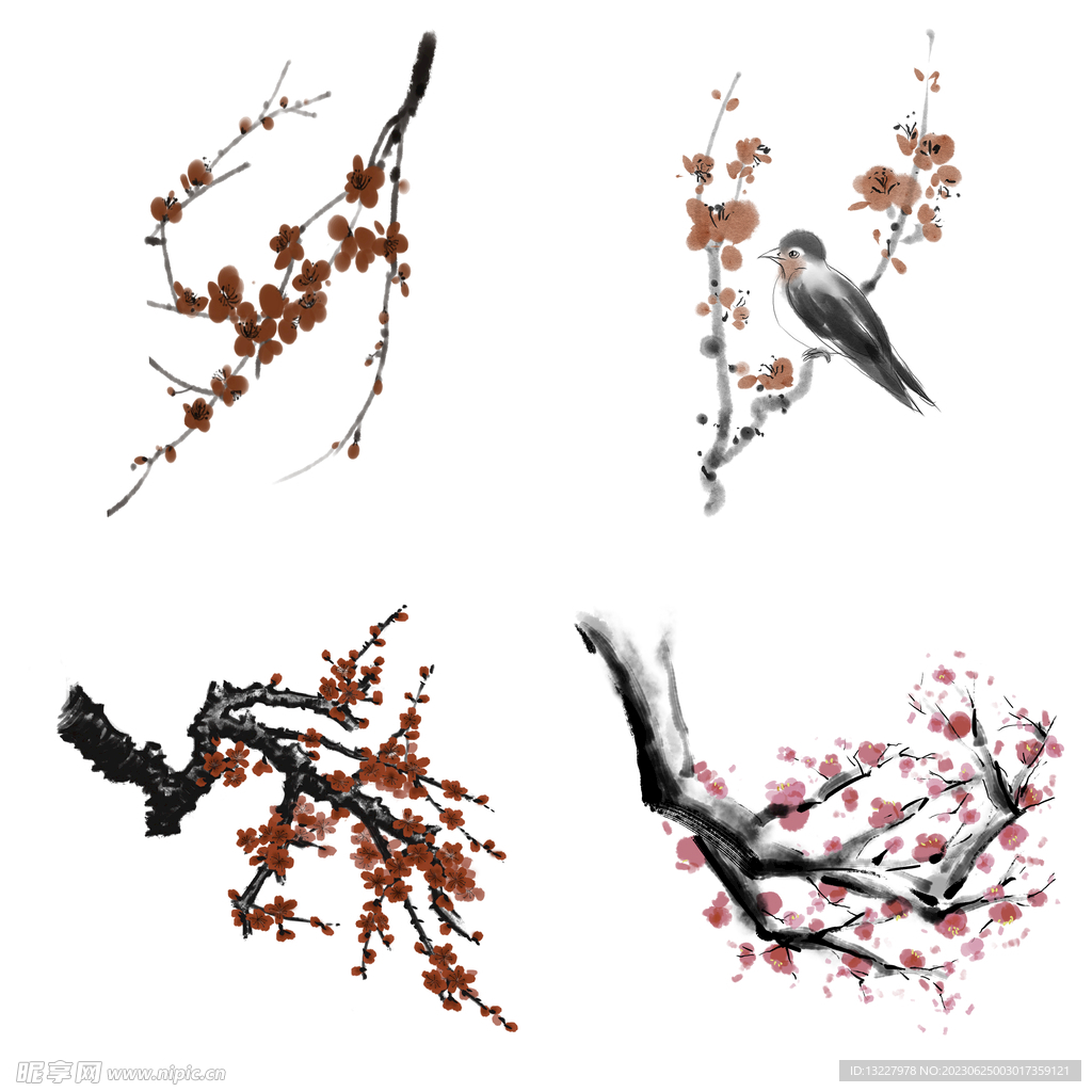 水墨红梅腊梅梅花花卉背景