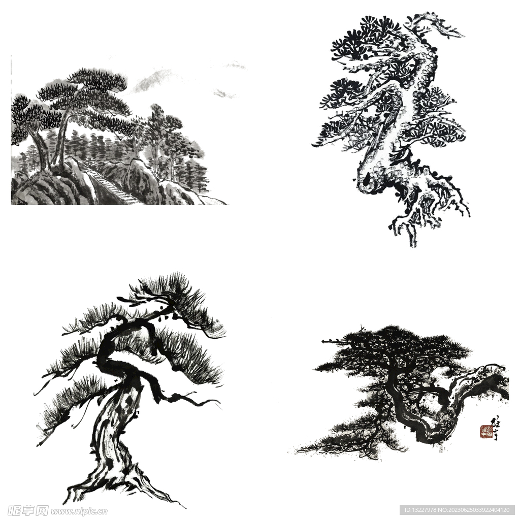 中国风水墨松树松枝迎客松水墨画