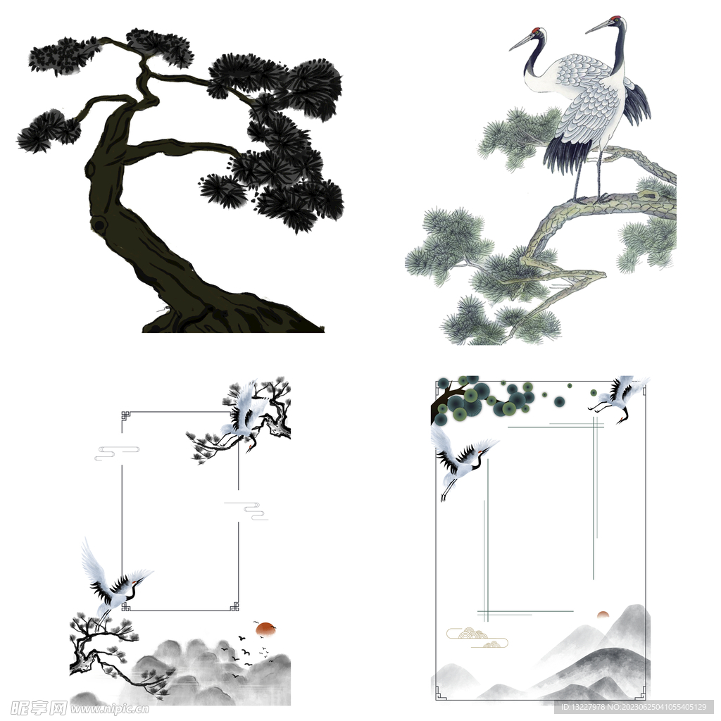 中国风水墨松树松枝迎客松水墨画