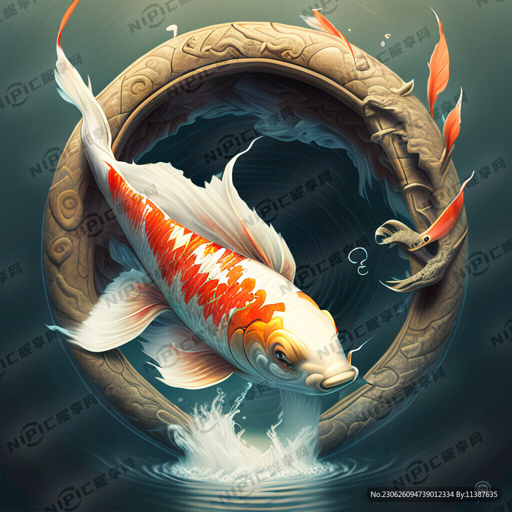 锦鲤 从水中 跃龙门而出