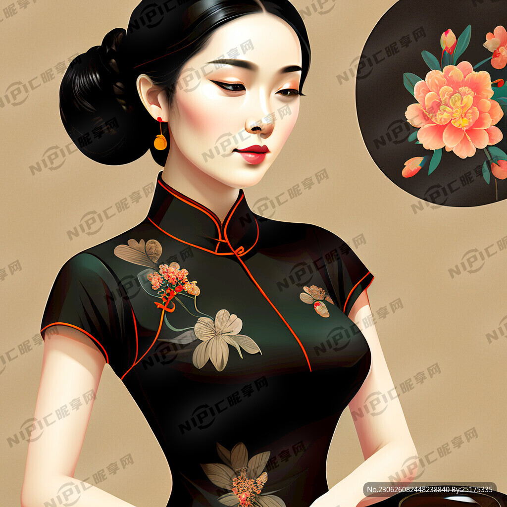 美女阿胶养生穿旗袍的美女插画风