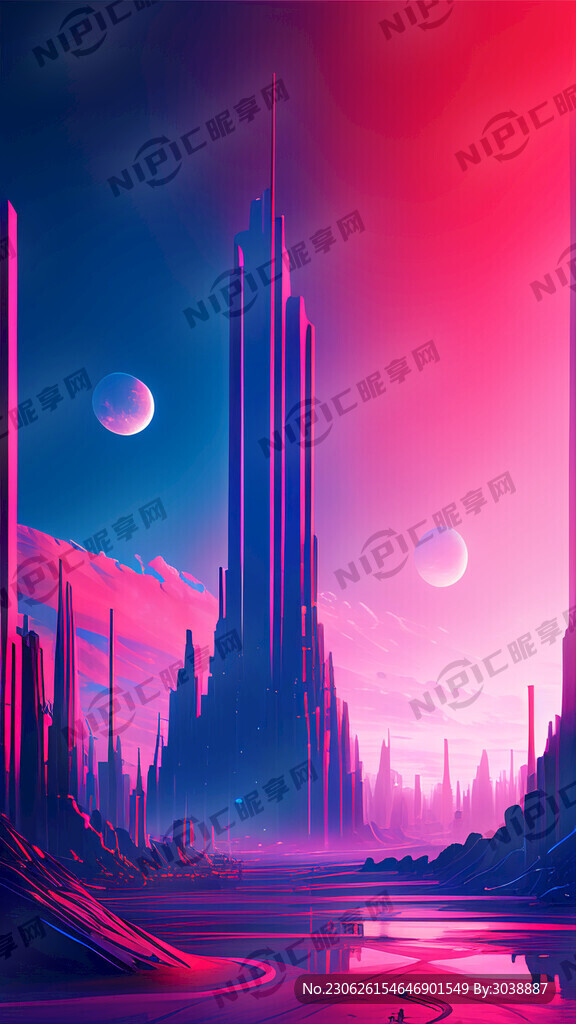 未来的城市景观在深空白炽灯