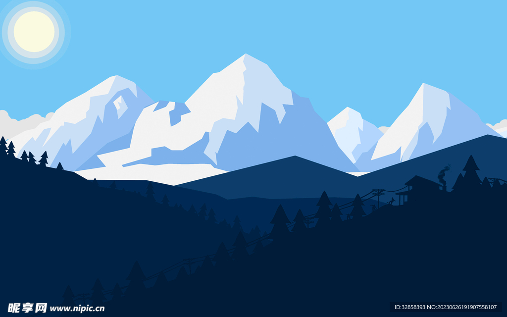 雪山树林插画风格背景