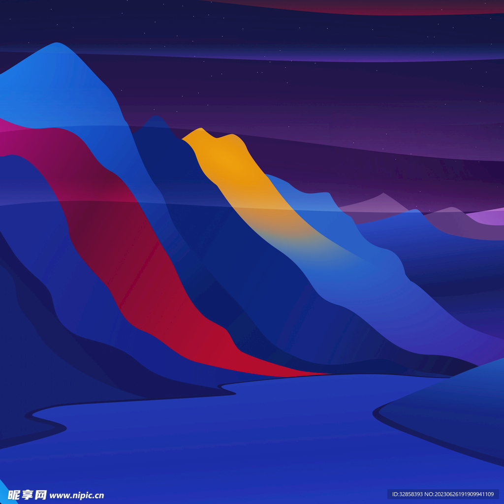 蓝色高山河流插画风格背景