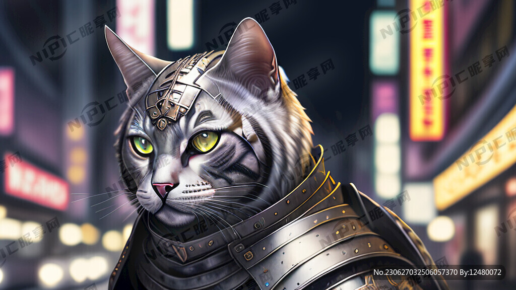 美短银虎斑猫穿着盔甲在夜晚的香