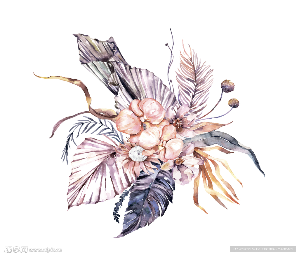 波西米亚手绘花束手绘水彩花