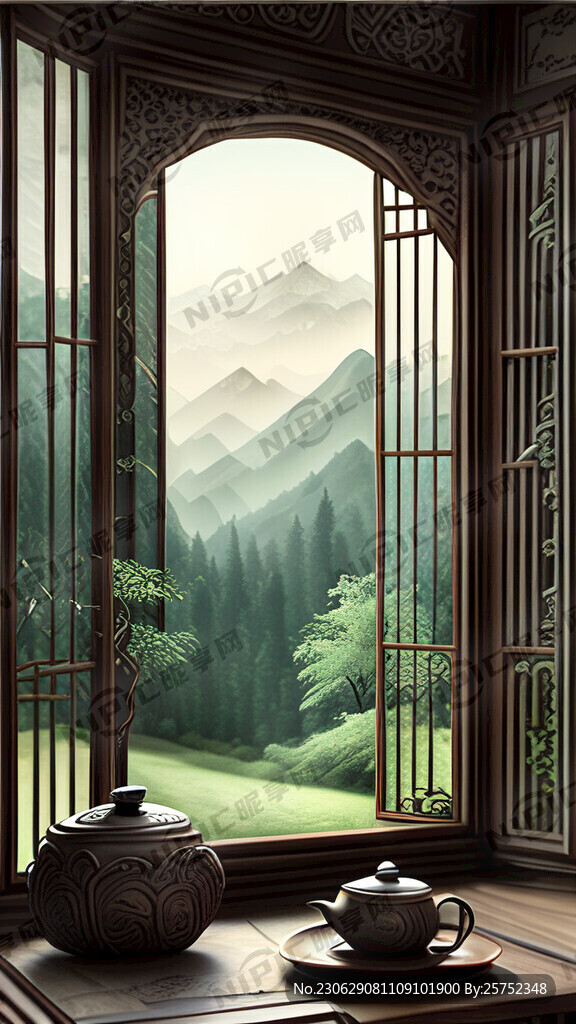 中国风房间 雕花窗 茶几 茶具