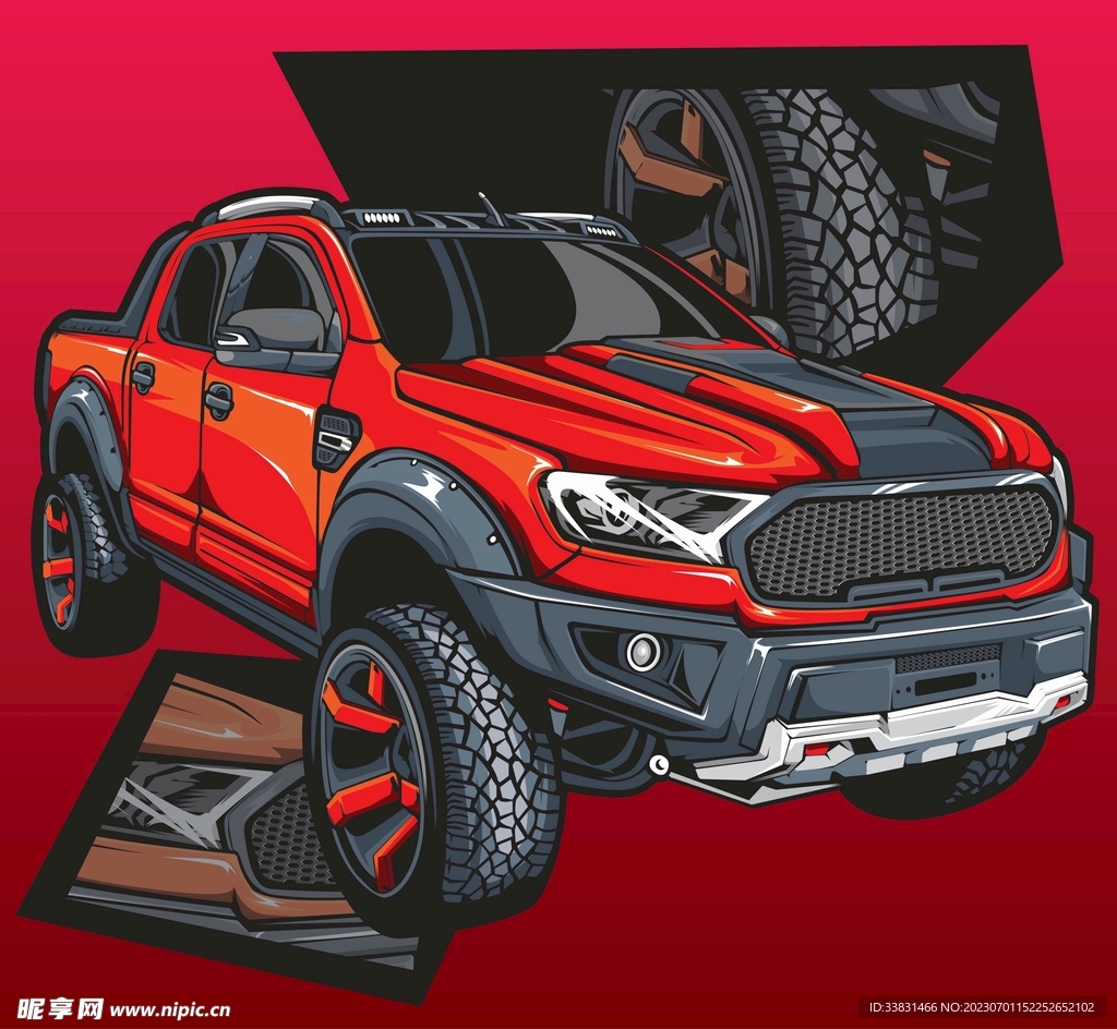 复古改装汽车赛车皮卡车潮流插画