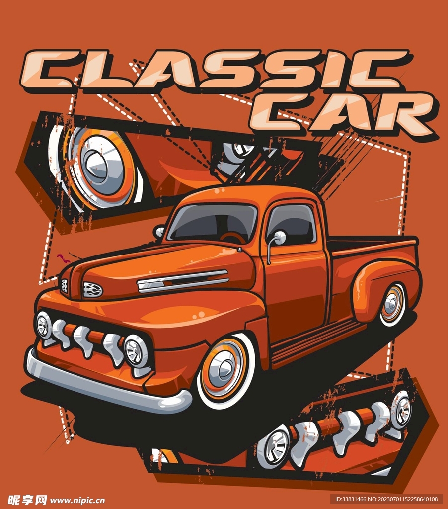 复古改装汽车赛车皮卡车潮流插画
