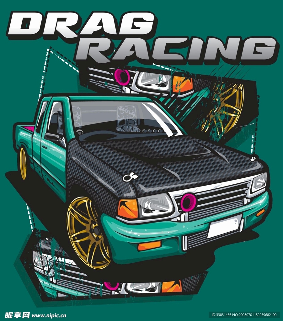 复古改装汽车赛车皮卡车潮流插画