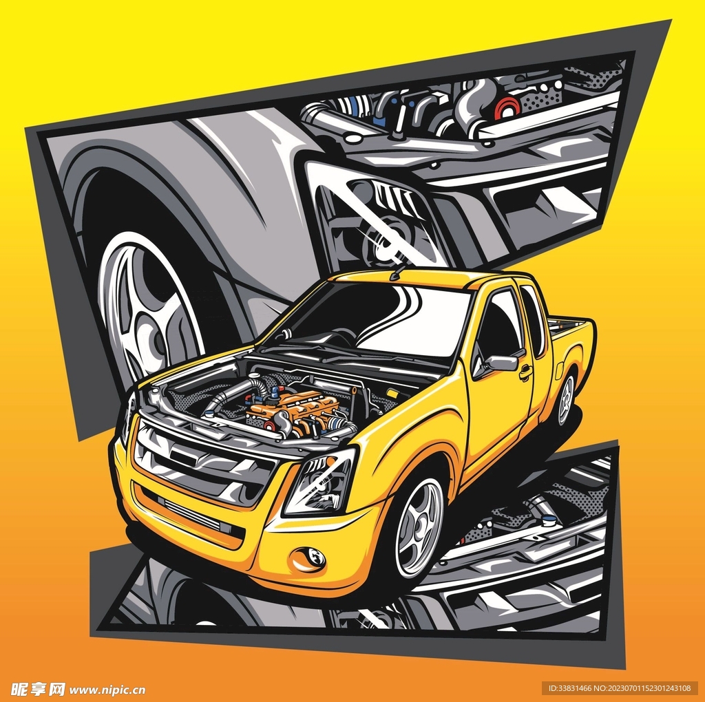 复古改装汽车赛车皮卡车潮流插画