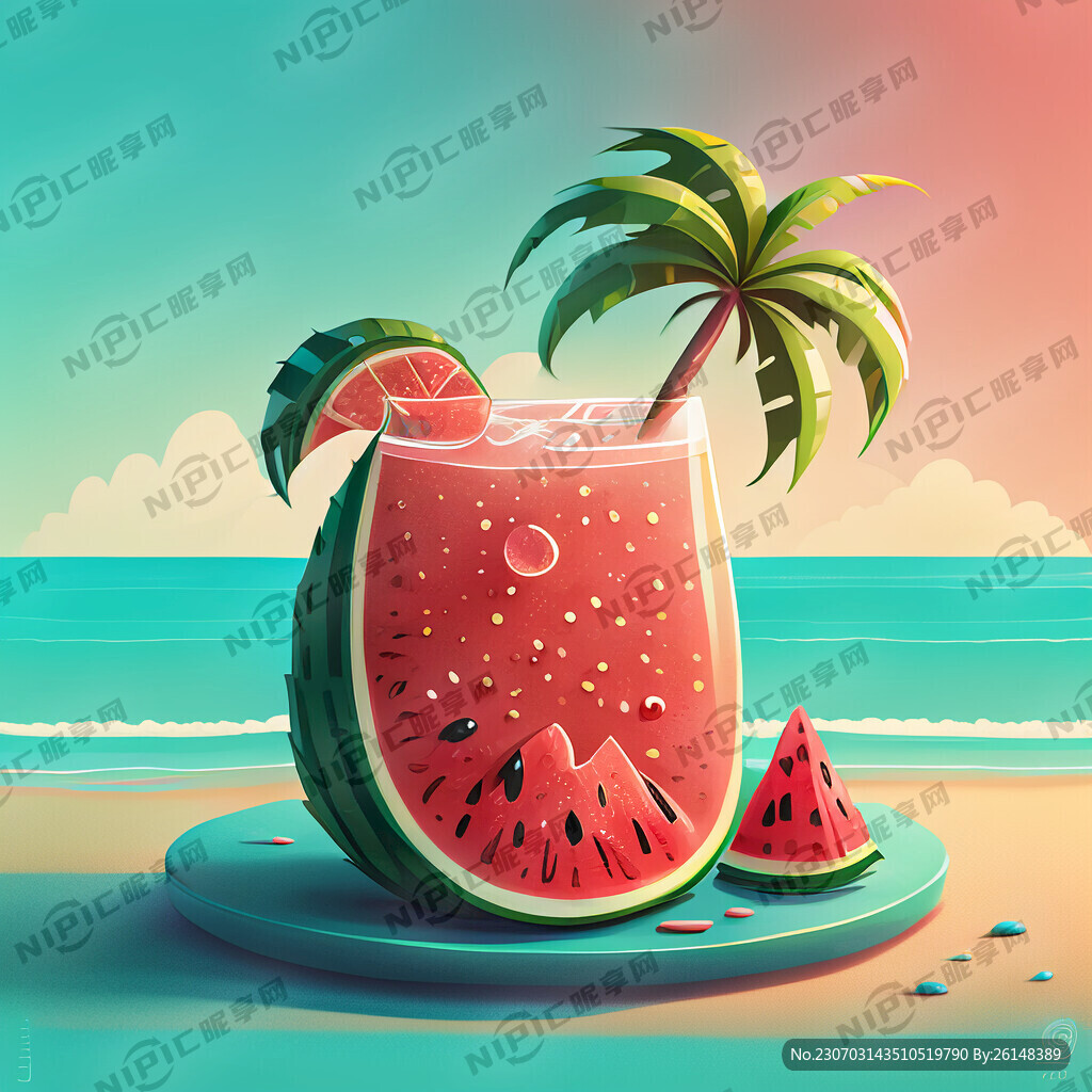 夏天西瓜椰树大海饮料