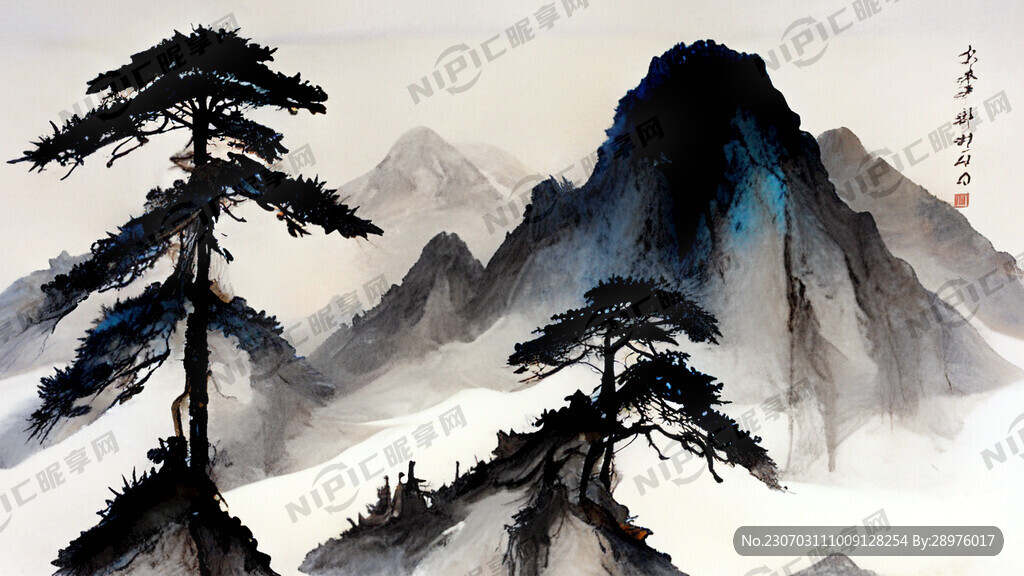 冬天 雪山 雪松