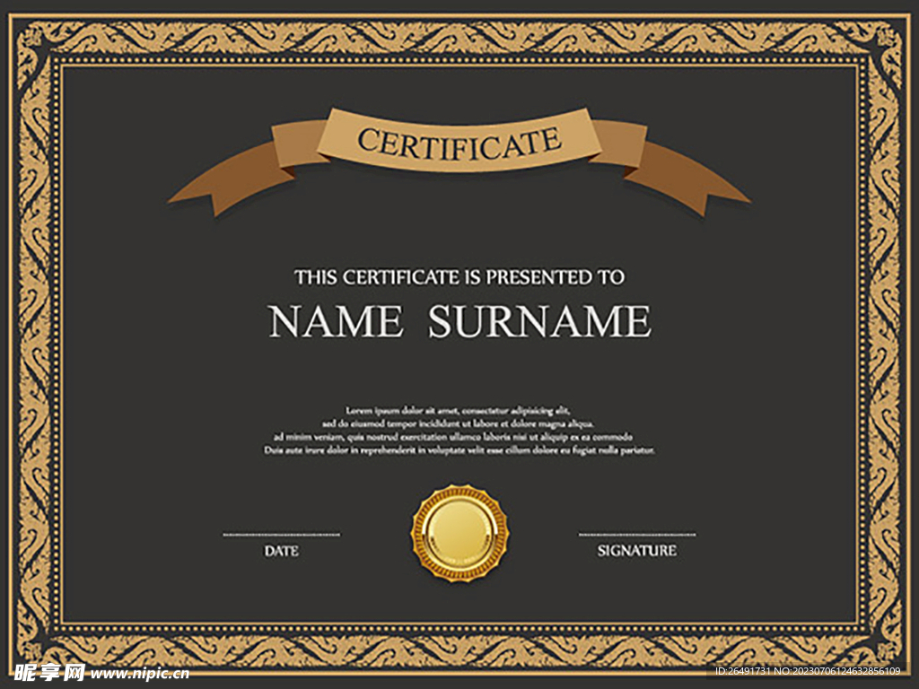 黑色金边欧式复古证书边框底纹