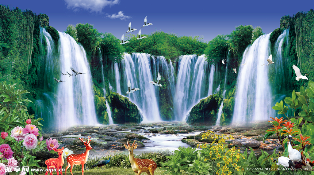 山水画 水墨画 中堂画 瀑布