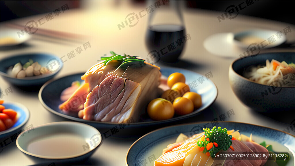 美食餐桌餐厅白酒肉水果蔬菜