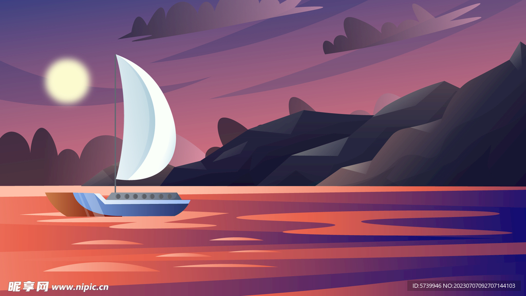 落日下海上船只插画图片