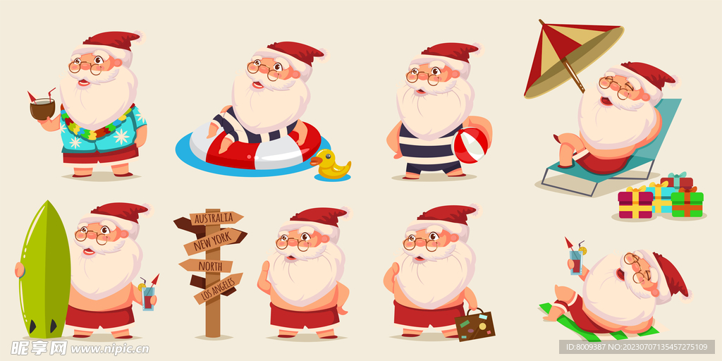 夏日海滨圣诞老人元素