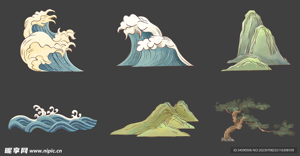 国潮古风中国风浪花青山松树漫画