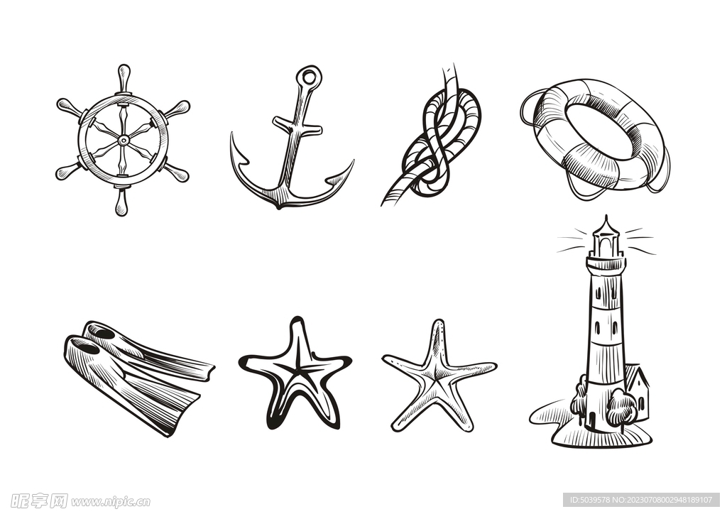 航海元素线描矢量图