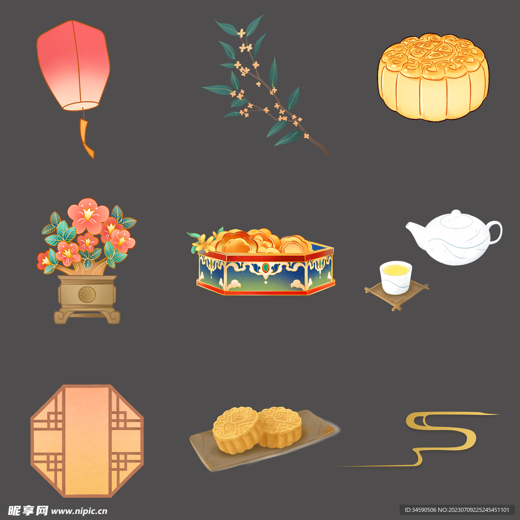八月十五中秋节灯笼月饼素材