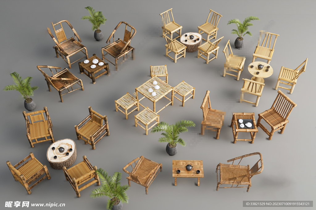 新中式休闲桌椅模型