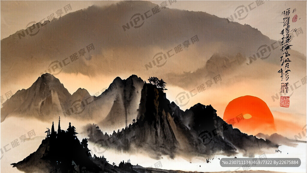 中国山水画 夕阳 小船 水面