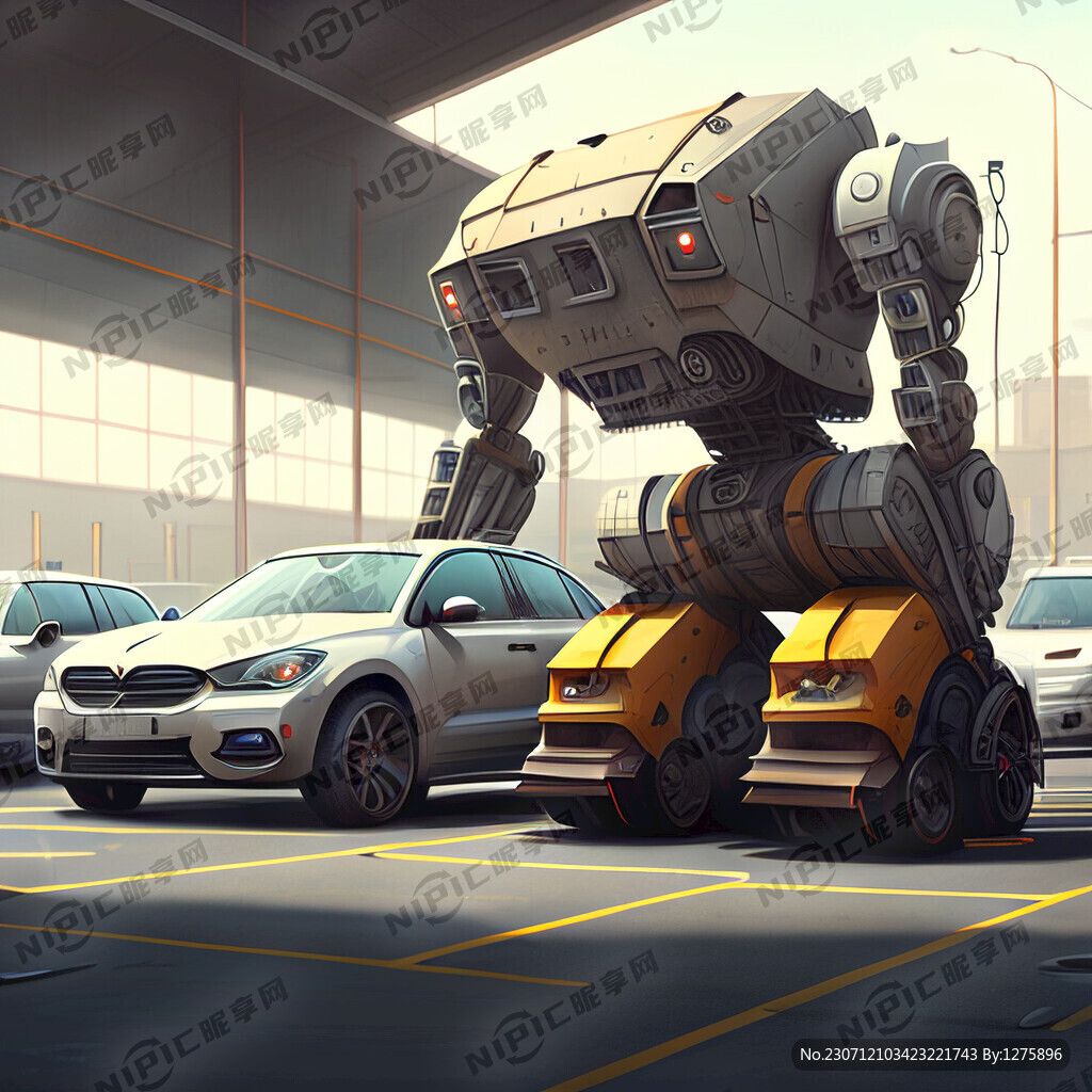 停车场 很多汽车 机器人搬运工