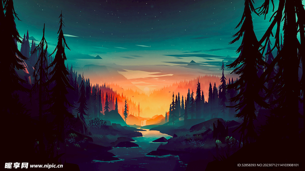 夜晚森林插画风格背景