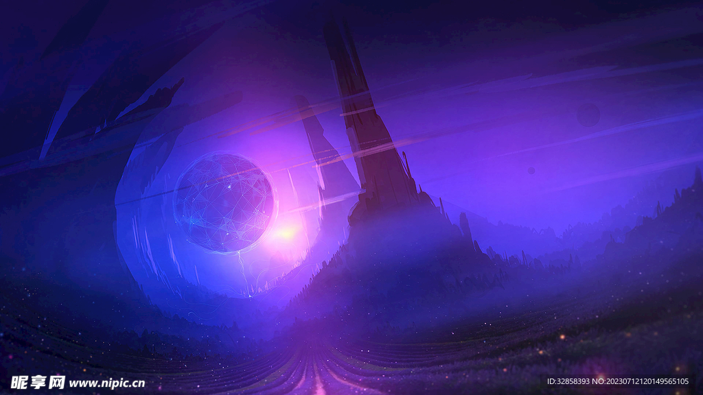紫色光线高山插画风格背景