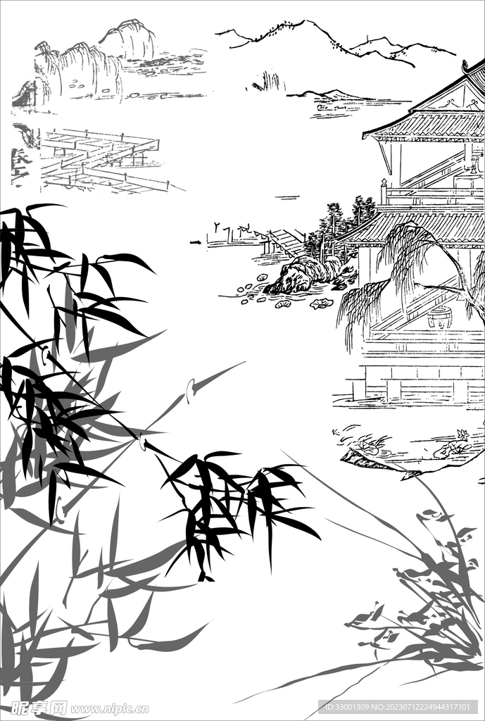 山水园林竹子古典矢量