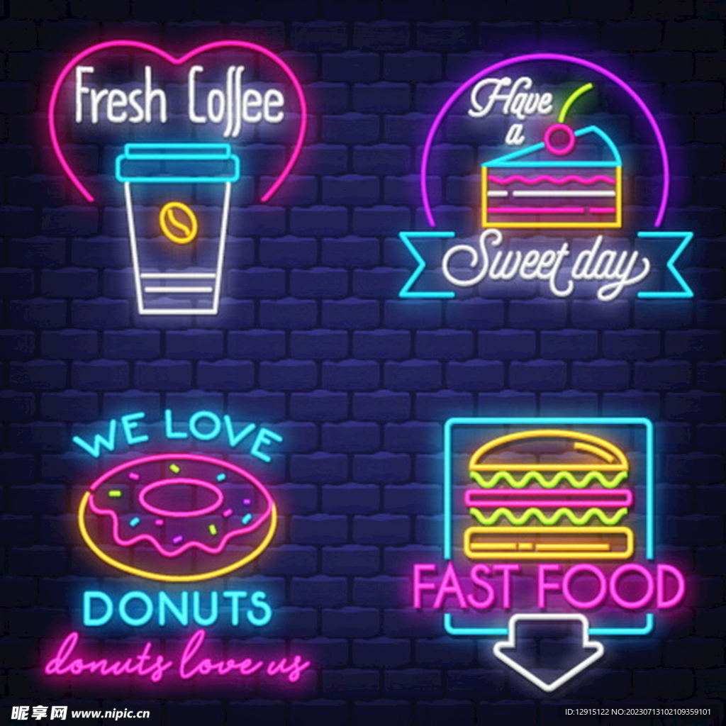 快餐美食酷炫霓虹灯发光装饰元素