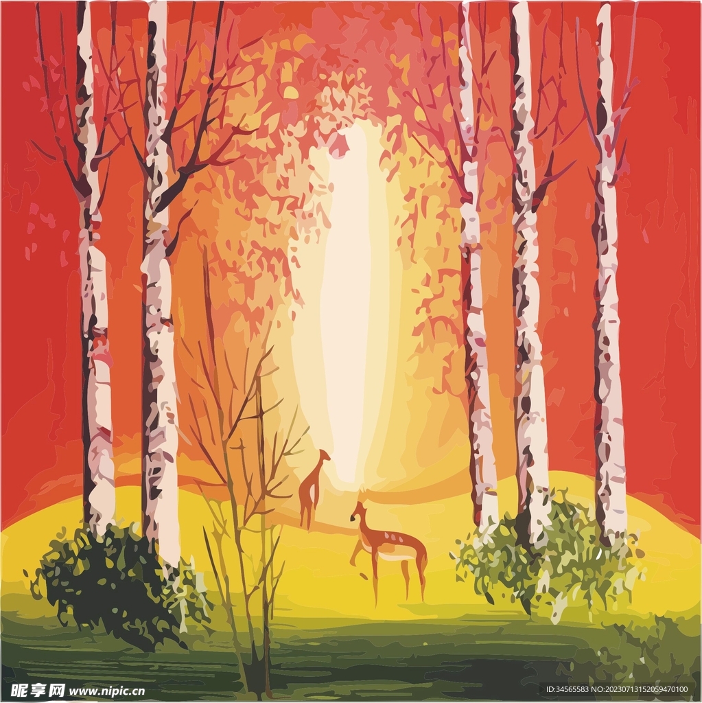 黄昏小鹿矢量堆叠水彩效果