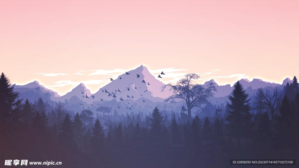 高山树林插画风格背景