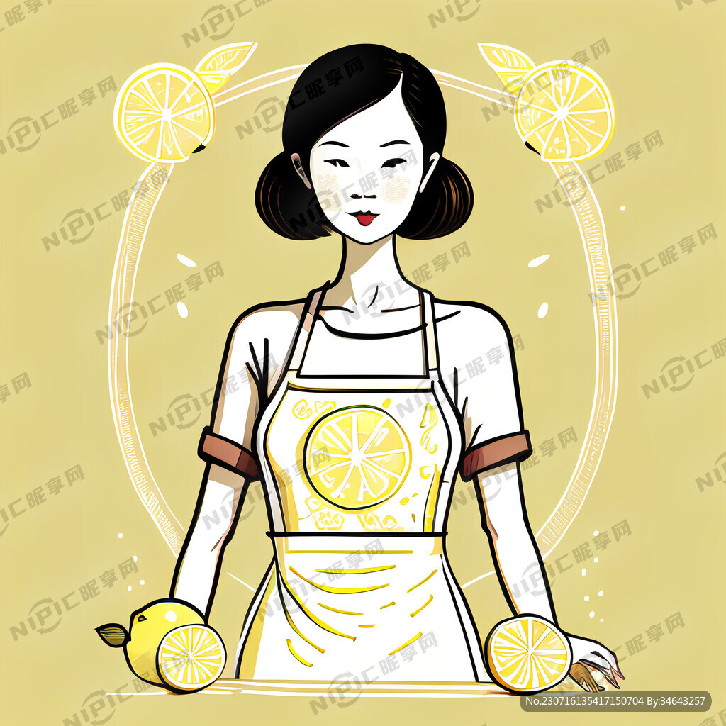 女简笔线条手打柠檬围裙柠檬汁柠