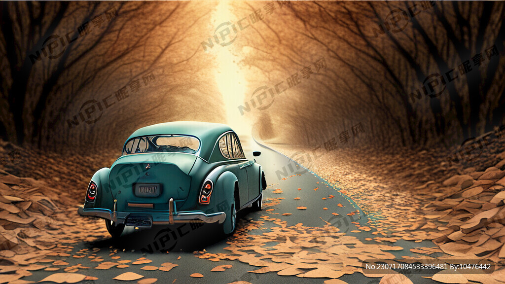 轿车与自行车对向行驶在树叶上面