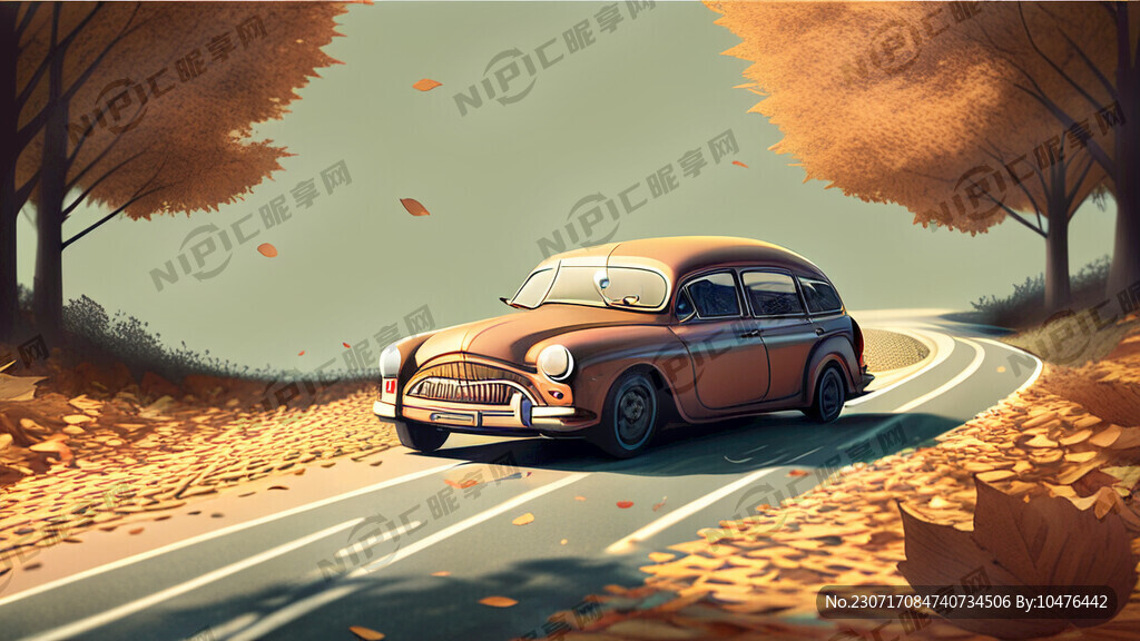 轿车与自行车对向行驶在树叶上面