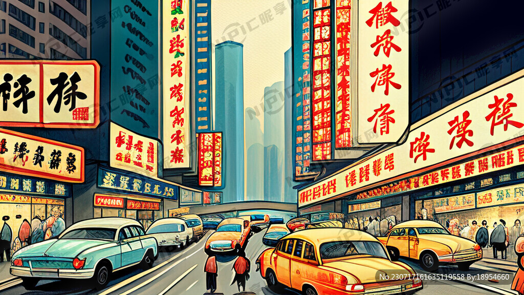 香港美食街美食手绘插画很多招牌