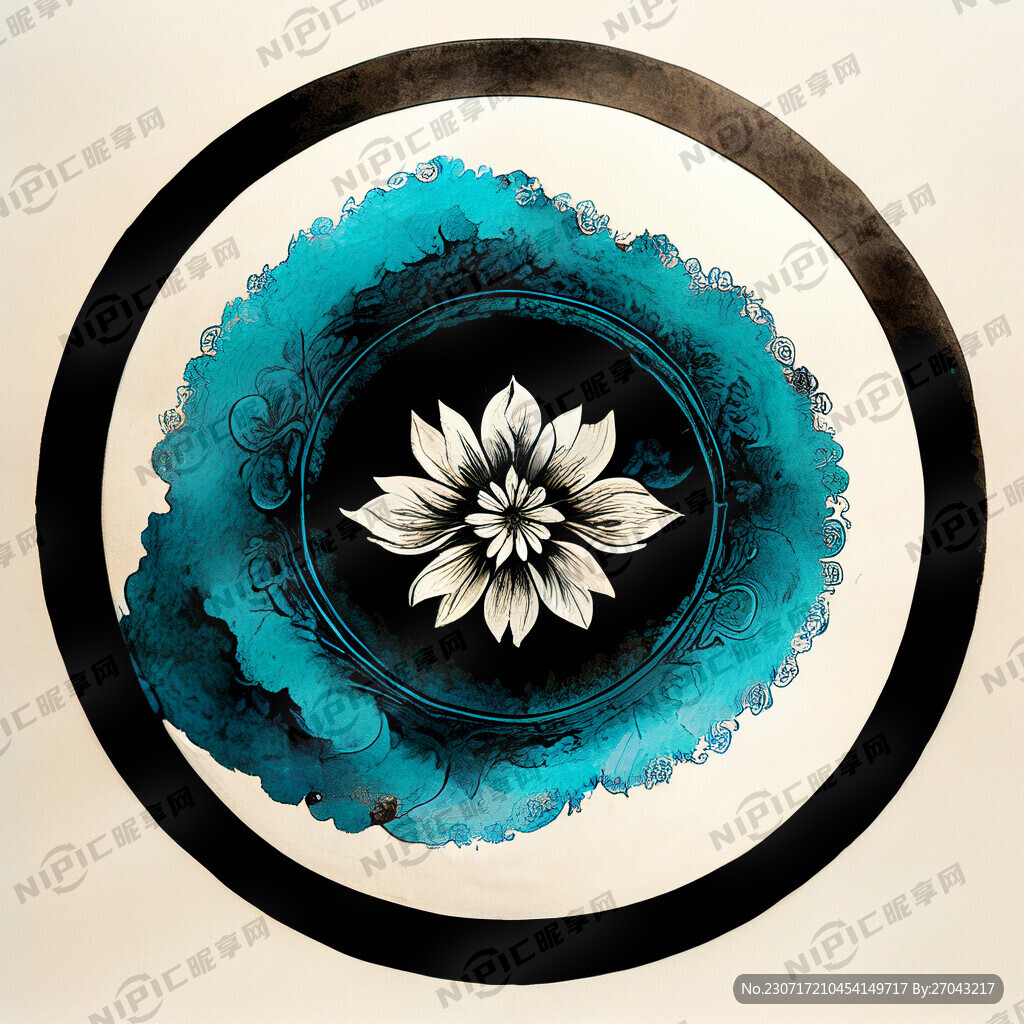 圆形天青色水墨元素浪花