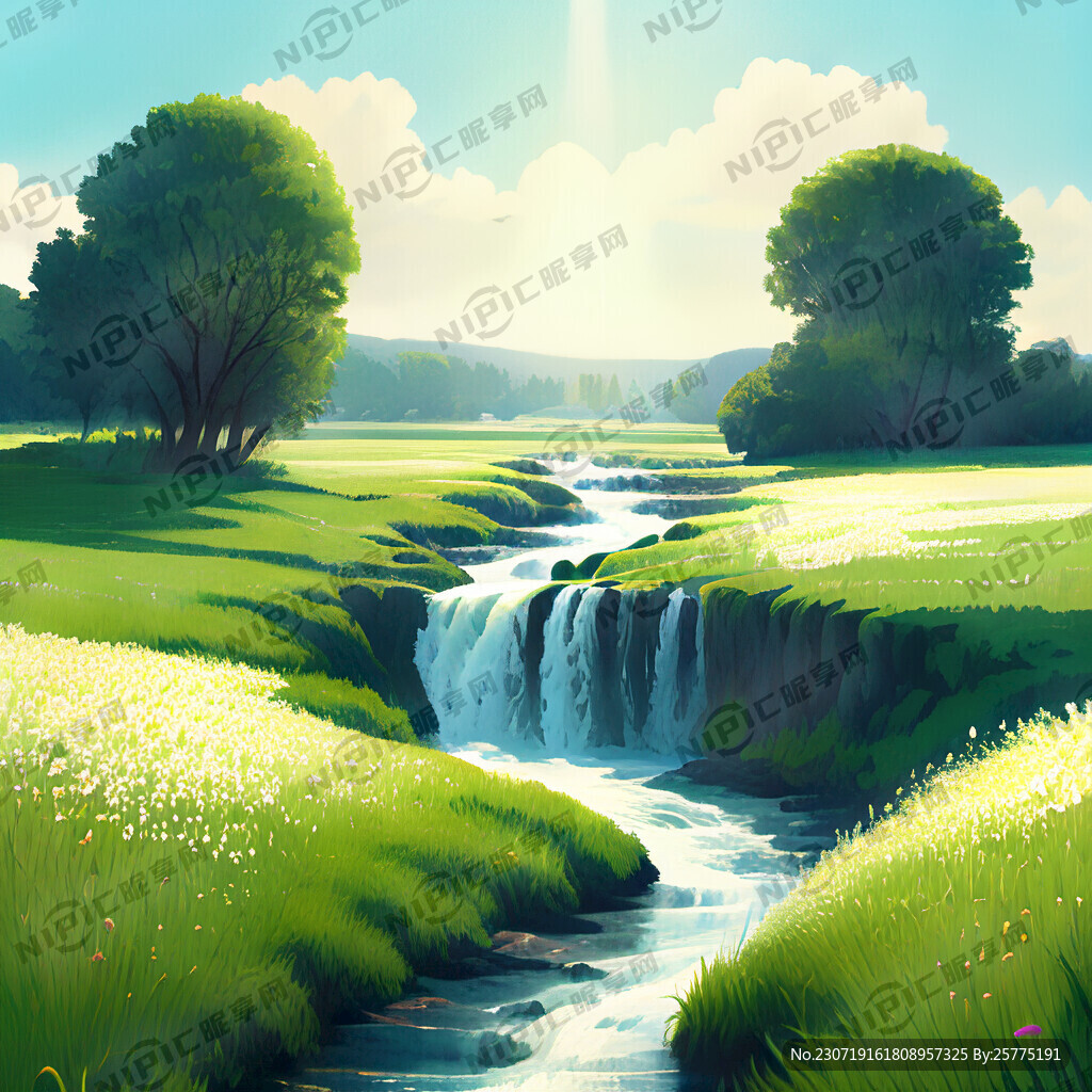瀑布河流 平原草地 自然风光