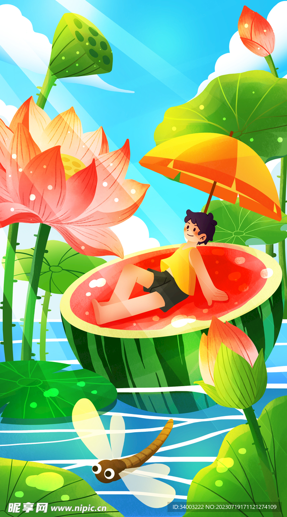 盛夏荷塘下乘凉的小男孩