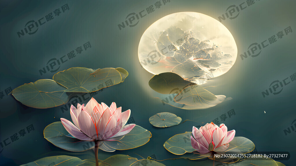 很多荷叶 荷花 水里月亮倒影