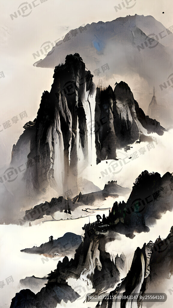 山水画 山脉起伏 飞瀑泻流