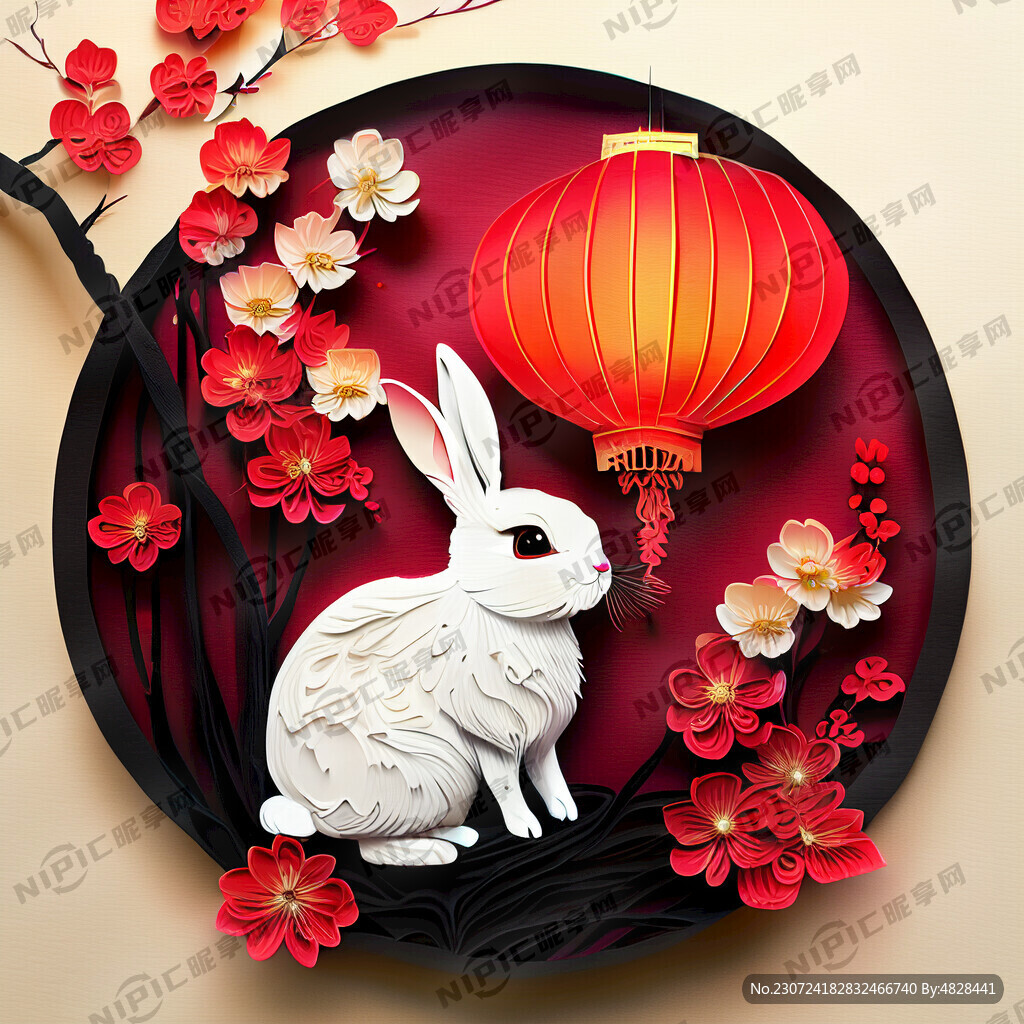 衍纸艺术 春节 可爱兔子 红梅