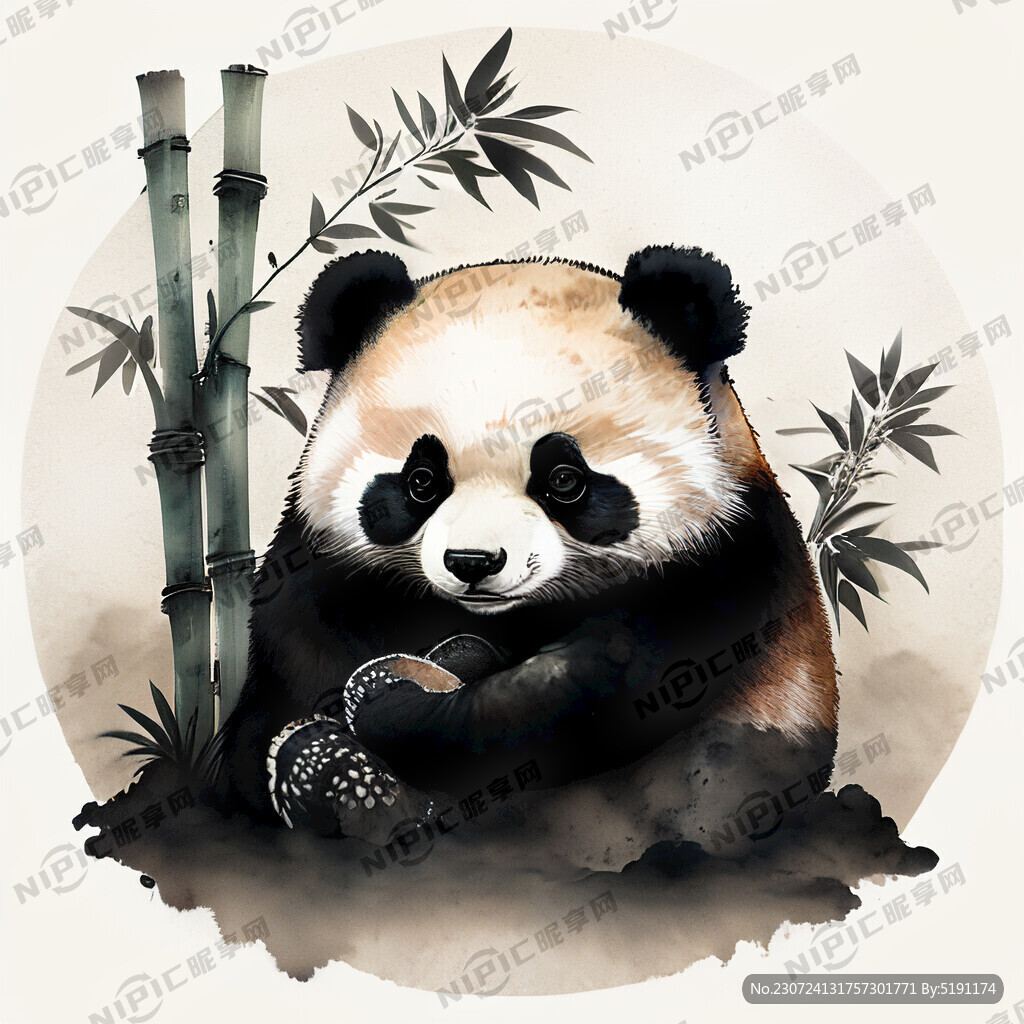 水墨 熊猫抱着竹子 两小熊猫