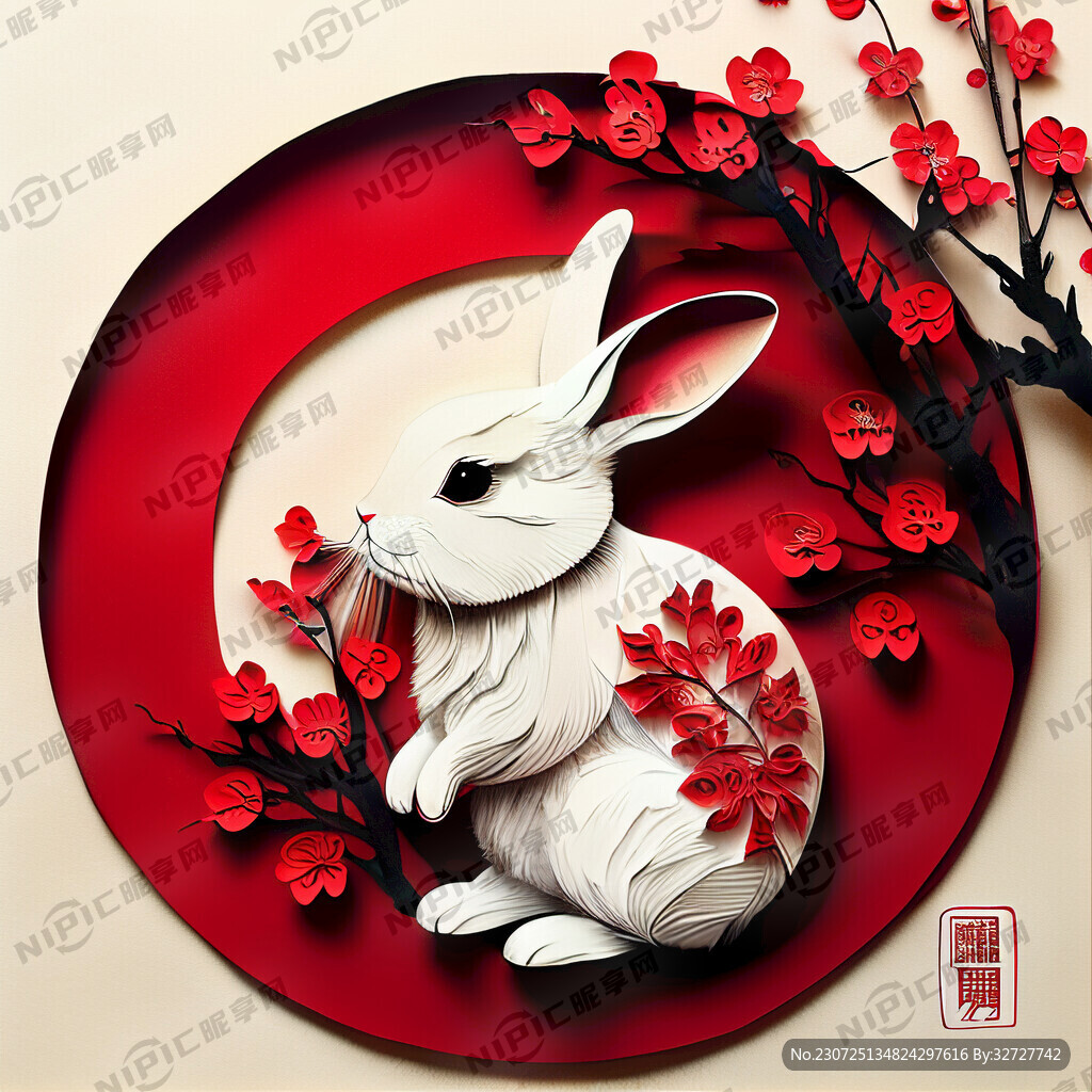 衍纸艺术 春节 可爱兔子 红梅
