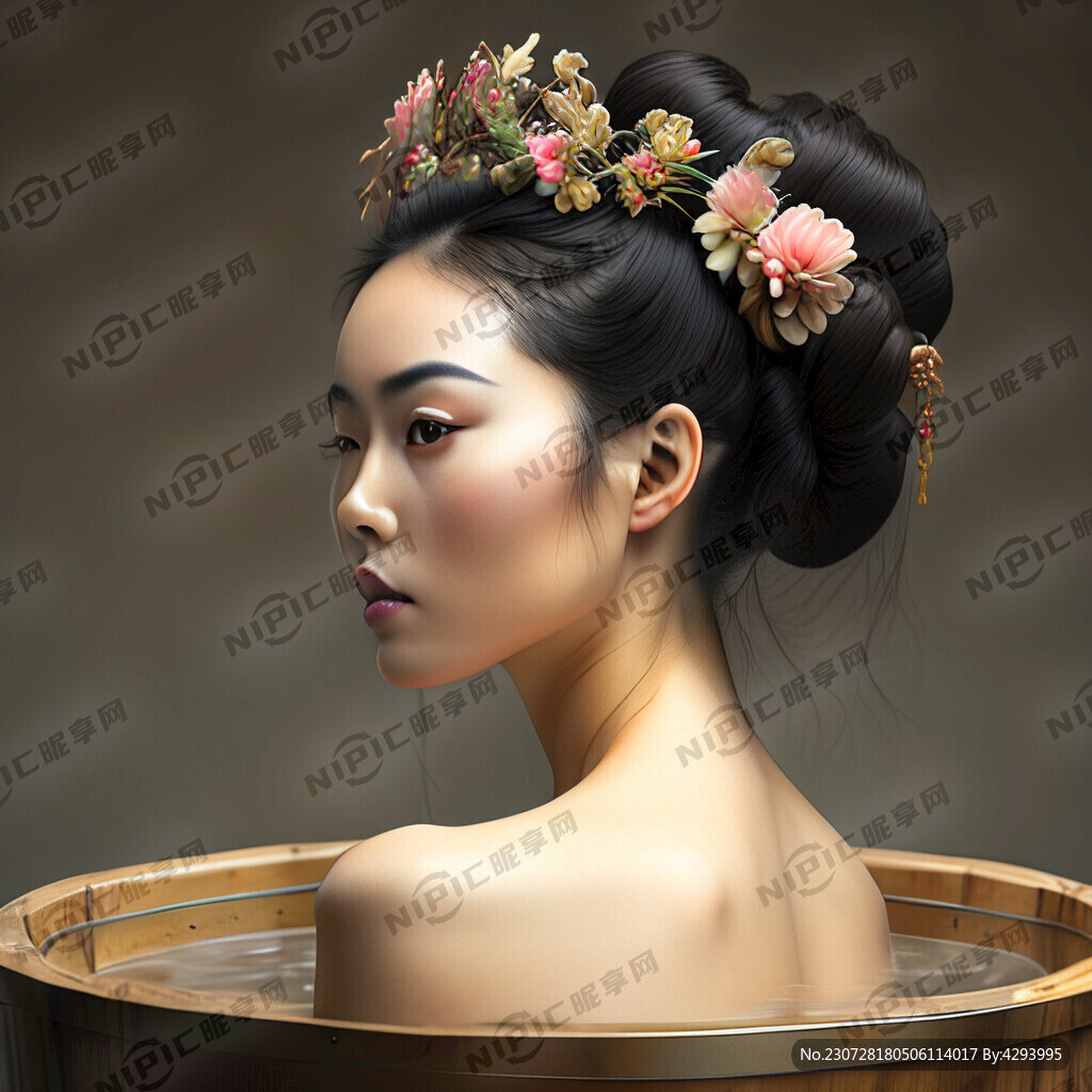 美女 完整木桶泡浴 唯美 侧脸