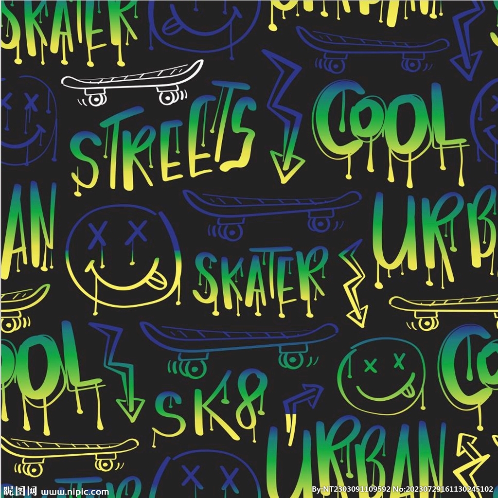 潮流涂鸦滑板英文