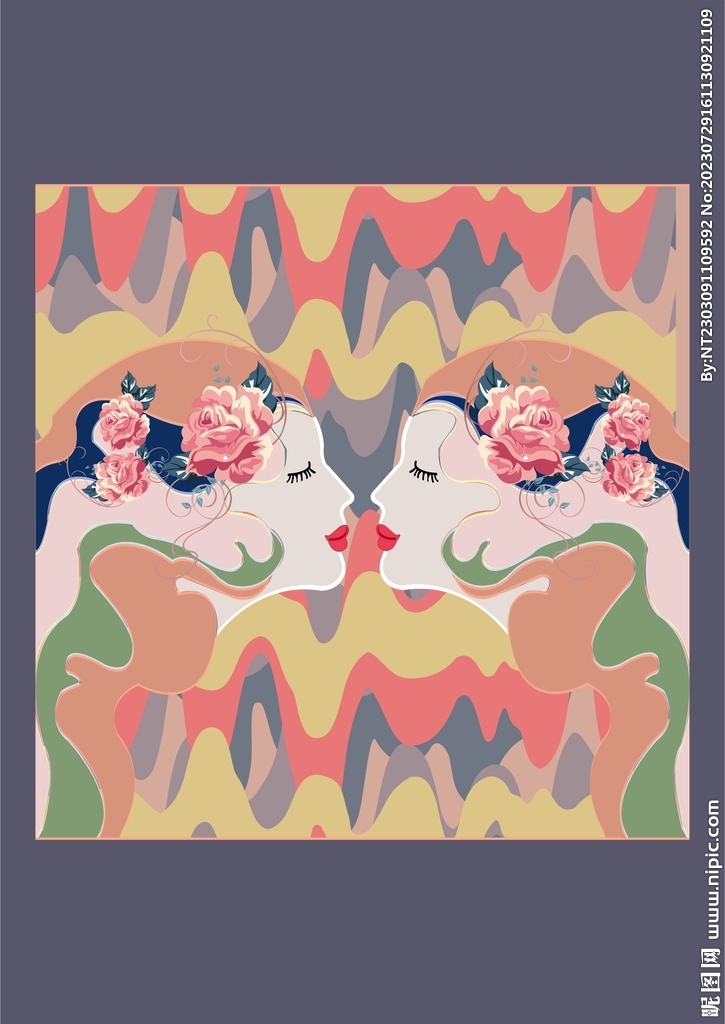 抽象画美女红花