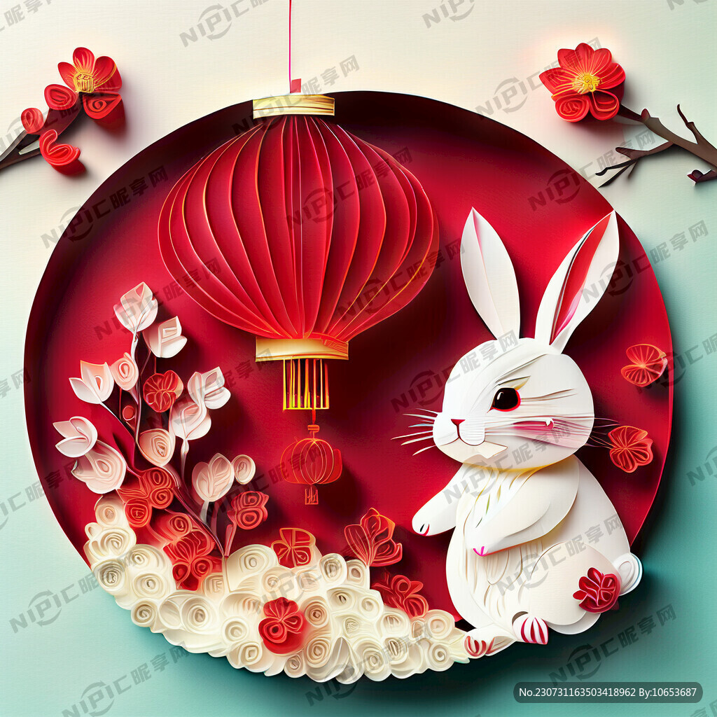 衍纸艺术 春节 可爱兔子 红梅